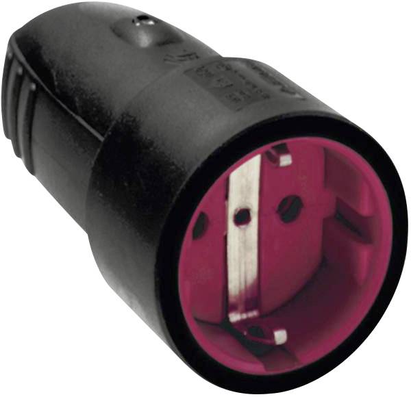 'Schuko adaptor' in black with a red interior, suitable for power sockets; displays a round shape and metal contacts.
