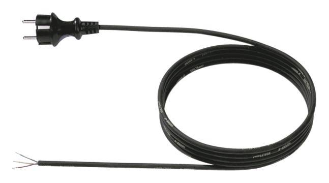 A black, long electrical cable with a European plug at one end and bare cable ends at the other end.