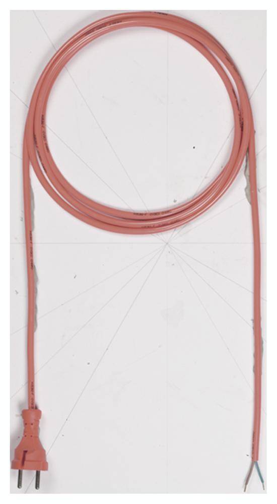 An extended, orange-coloured power cable with a plug on one end and exposed wire on the other, against a white background.