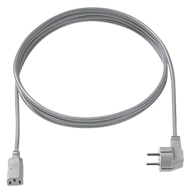 A grey network cable with a Schuko plug on one side and an IEC C13 plug on the other is coiled up.