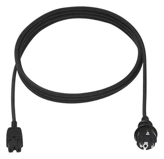 A black power cable with a Europlug for wall sockets on the right and an IEC connector on the left, suitable for electrical appliances.