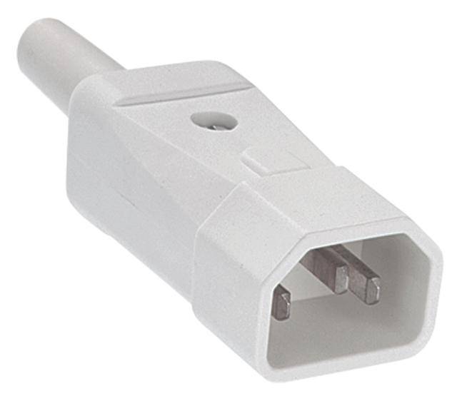 A grey and white cold appliance plug with a hexagonal shape and three metal contact pins.