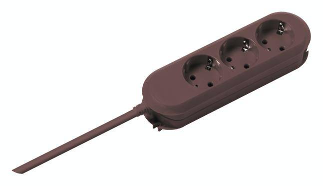 Brown three-way power strip with cable and switch, suitable for connecting multiple electrical devices.