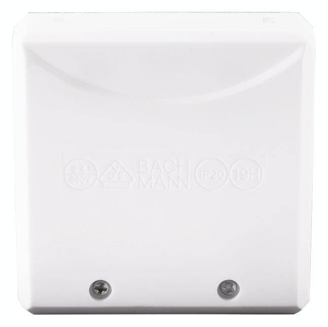 A white plastic cover with two screws at the bottom; symbols and the inscription 'Bachmann' are located on it.