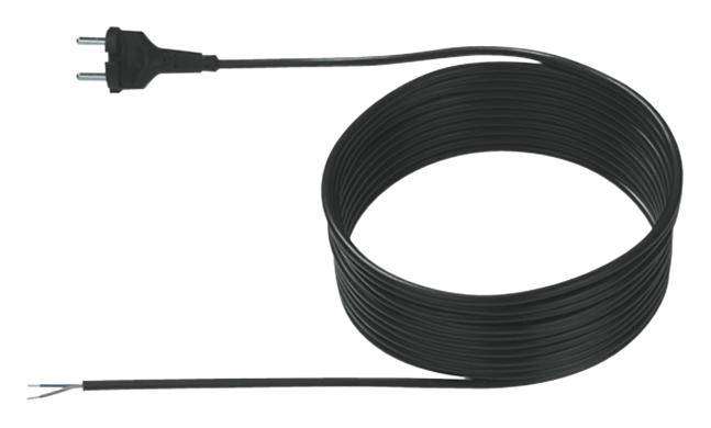 Black electric heating cable with a European plug on one end and bare wire ends on the other, coiled up.