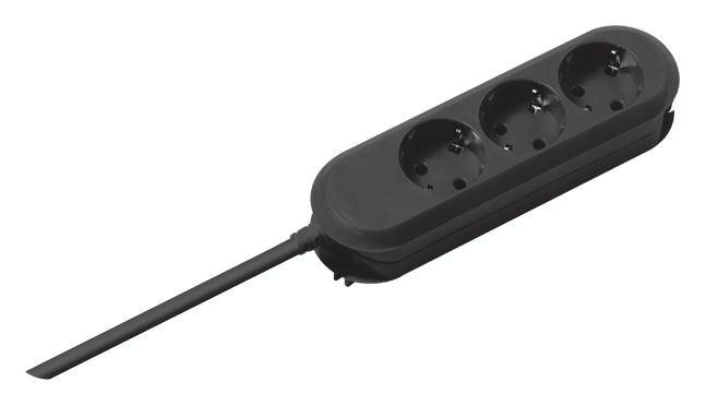 Triple black power strip for indoor use, suitable for connecting multiple electrical devices simultaneously.