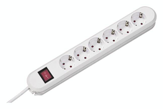 Six-way white extension socket with red power switch on the left.