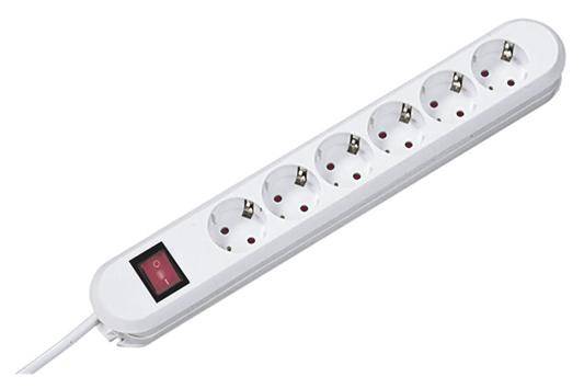 Six-way power strip with red on/off switch.