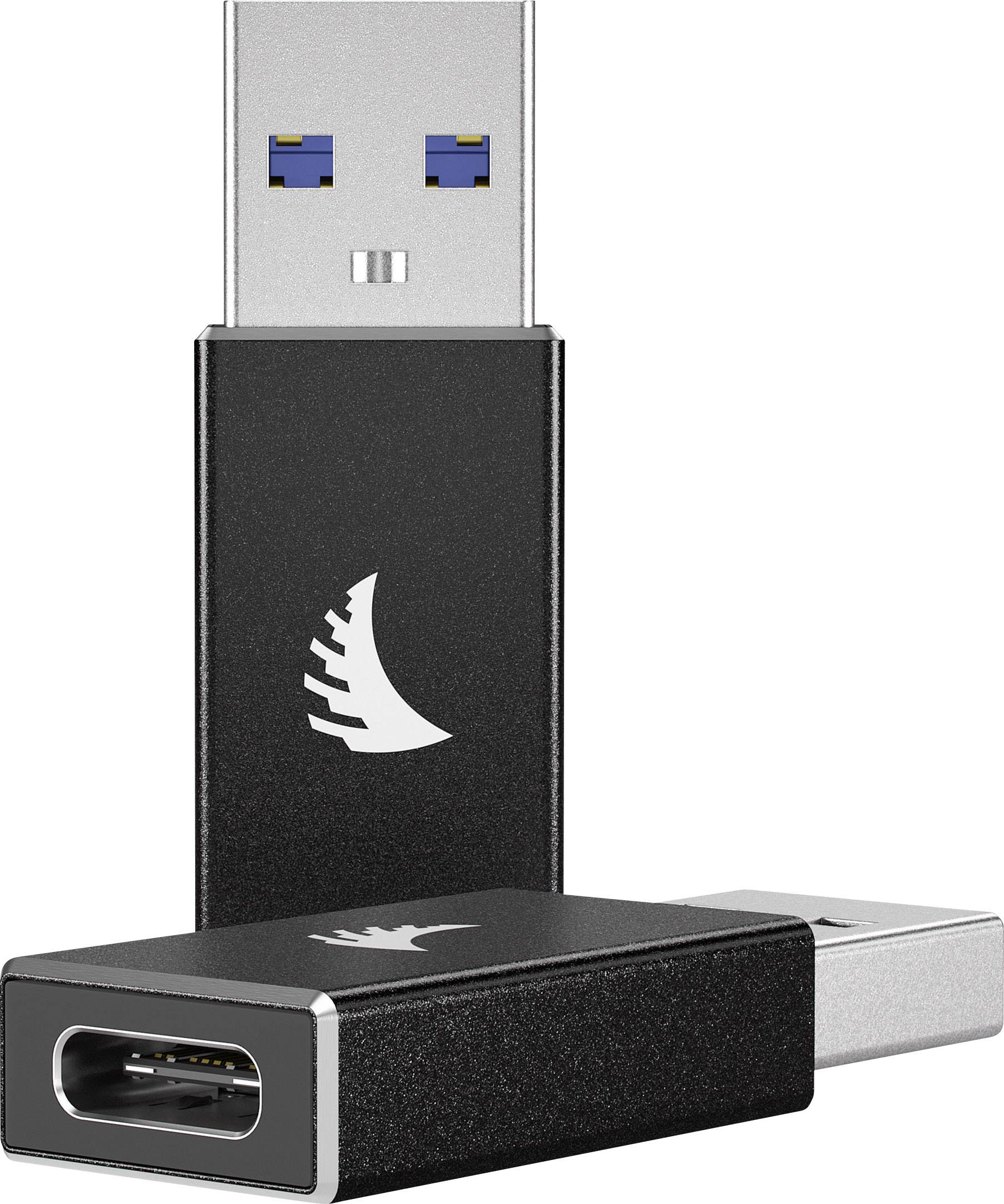 USB-C to USB-A adapter. A black adapter with a distinctive emblem for connecting USB-C devices to USB-A ports.