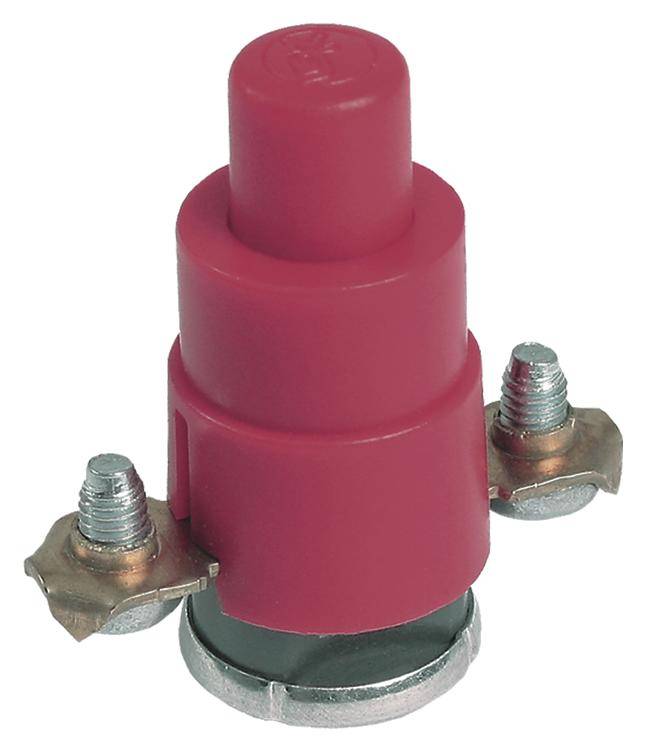 A red push-button switch with two metal contacts on the sides, viewed from above.
