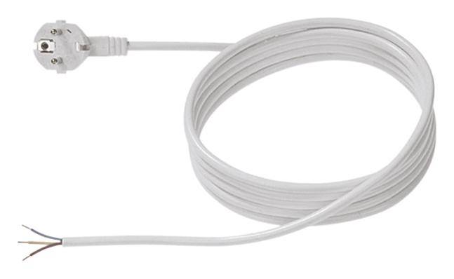 White electrical cable with a two-pin European plug on one side and exposed wires on the other side.