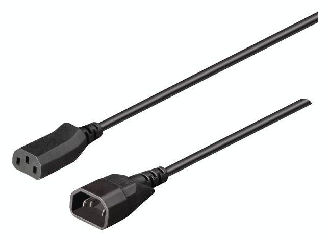 A black mains lead with a C13 and a C14 plug, commonly used for powering electronic equipment.