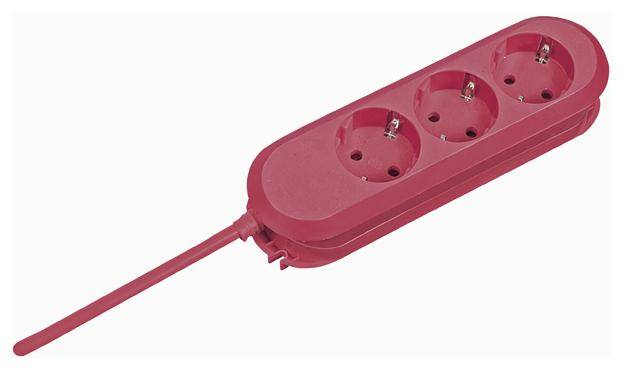 Red multi-socket extension with three plug sockets and a cable on the left.