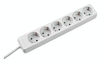 A white multi-socket adaptor with six sockets, suitable for connecting multiple electrical devices.