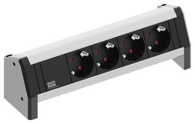 Four-way power strip with black sockets and a grey casing, suitable for office desks or workshop areas.