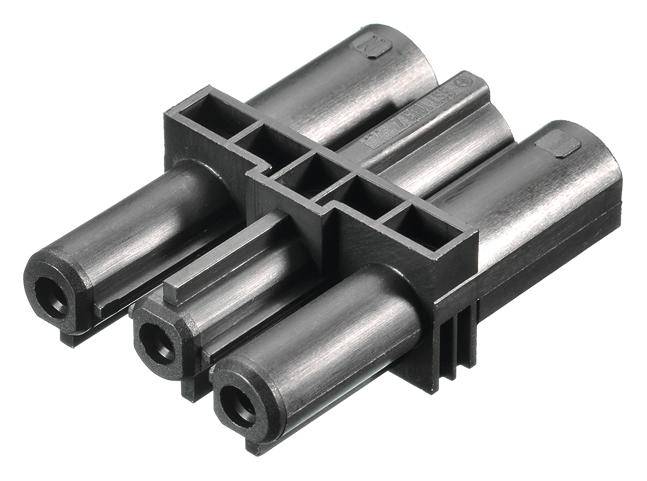 Black three-pole connector for electronics with rectangular and circular terminals, set against a white background.