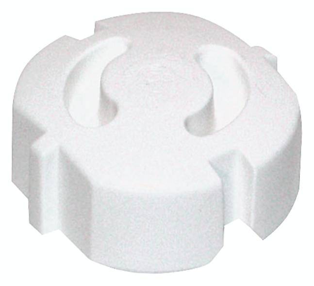 A white plastic lid with rounded and angular edges, commonly used as a cover for containers.