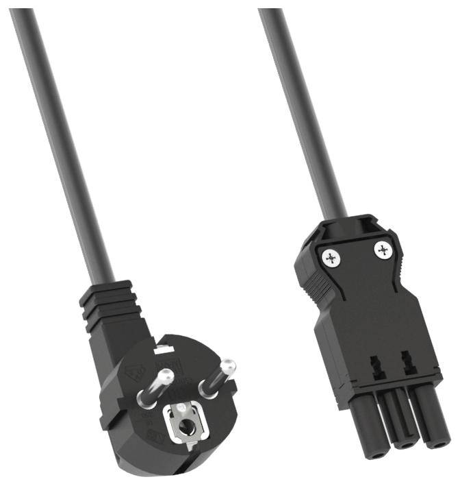 Black network cable with Schuko plug and IEC C13 socket, commonly used for computers and electrical devices.