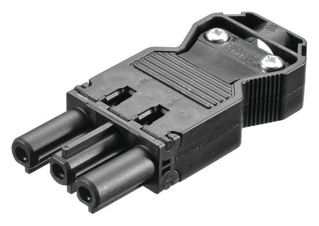 A black electric plug with three socket outlets and a ribbed surface, ready to connect with a compatible cable.