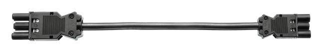 Black connecting cable with two identical plugs at the ends, suitable for power or data transmission.