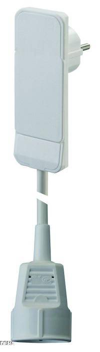A white plug adapter with a short cable and a female socket.