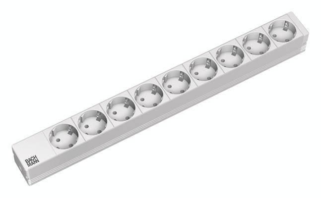 Eight-way extension socket in white, suitable for connecting multiple devices, with side logo. Ideal for office or home.