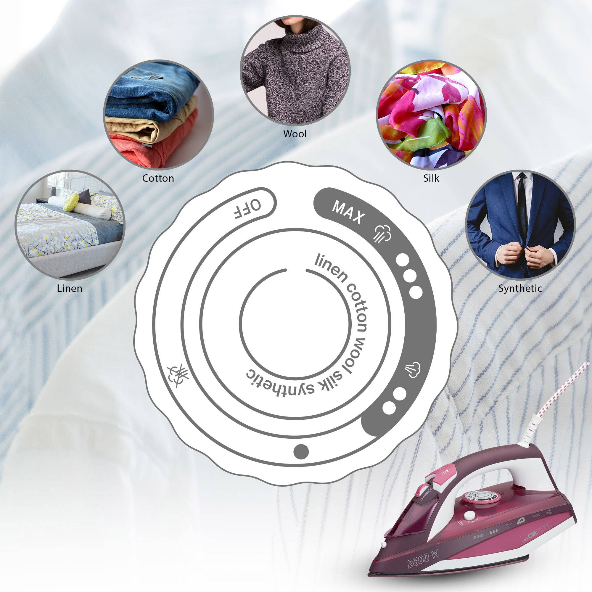 An iron on a striped fabric, with a temperature dial for linen, cotton, wool, silk and synthetic materials.