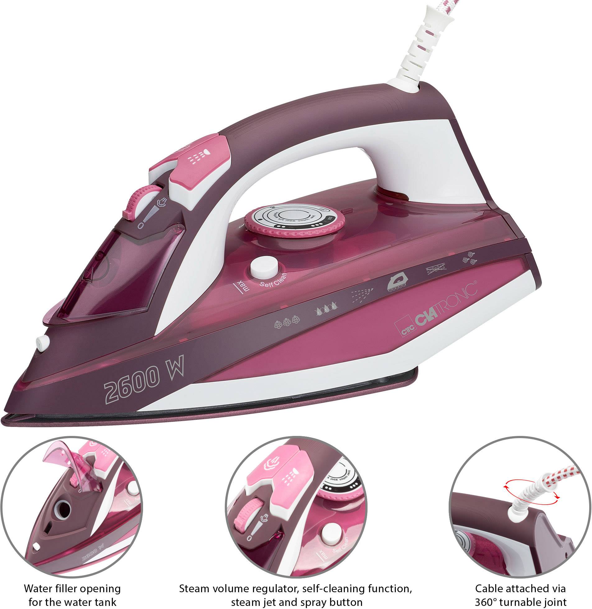 A red steam iron with 2600 watts. Features: steam volume control, self-cleaning function, steam steel, and spray button.