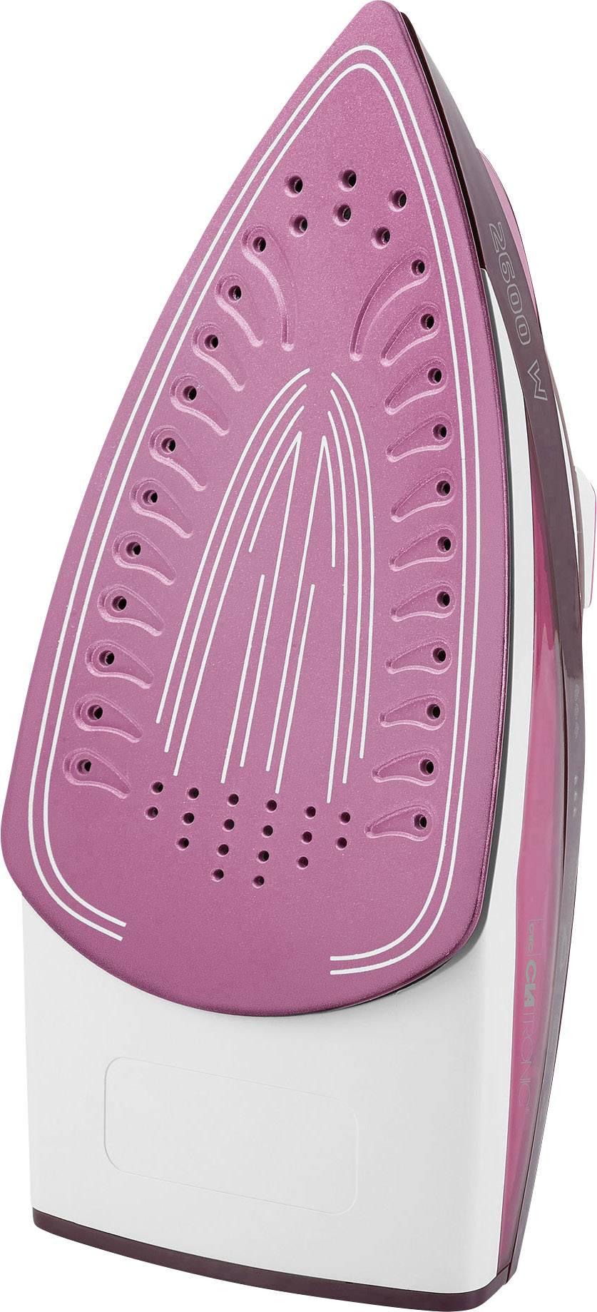 Iron with a pink sole, multiple steam holes visible, standing upright against a white background.