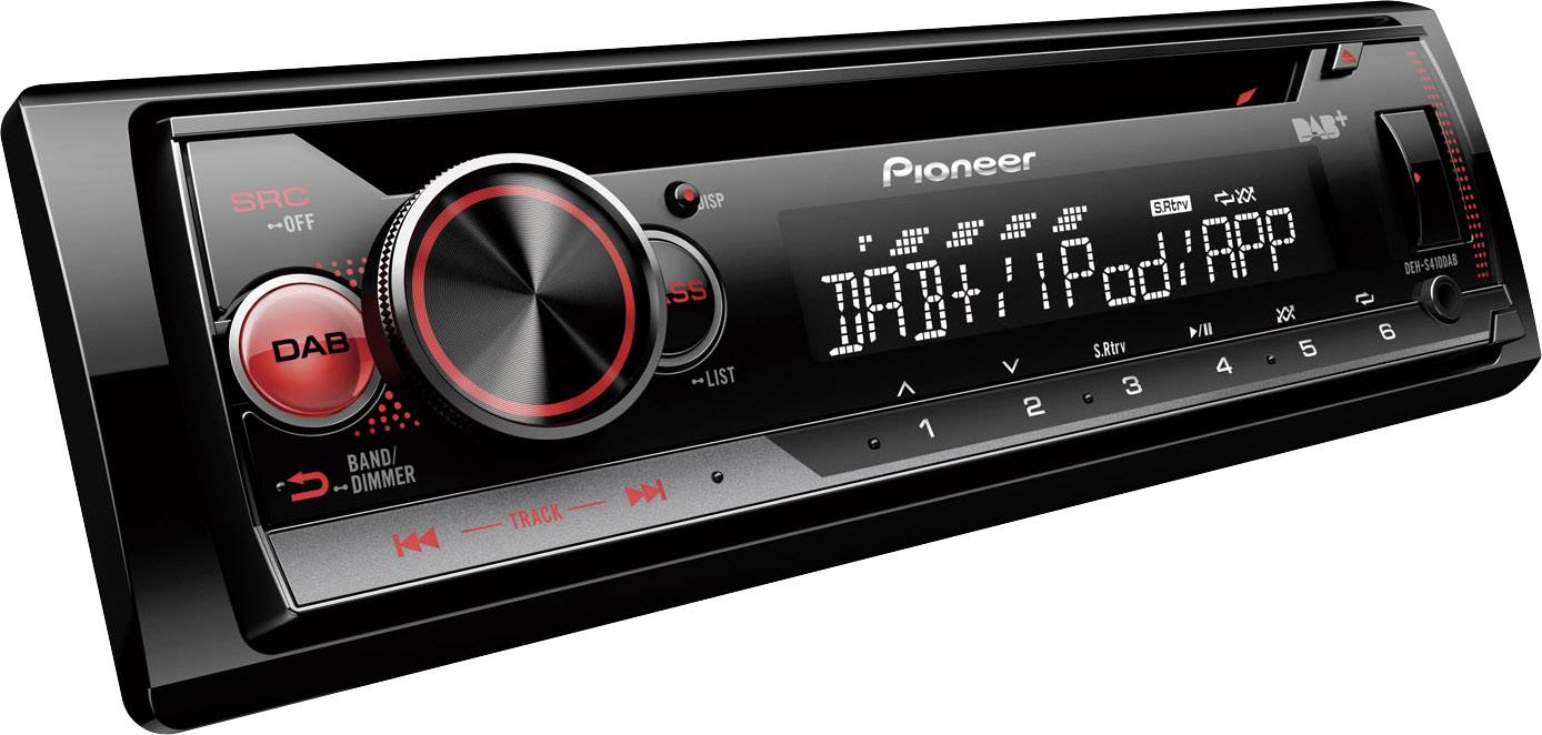 Car radio with DAB+ and USB port, displaying 'iPod iAPP' on the screen. Black with red buttons and rotary control.