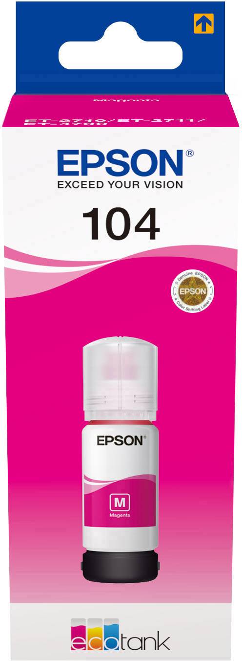 Epson EcoTank 104 Magenta Ink Bottle, suitable for EcoTank printers, packaged in a pink and white box with logo and text.