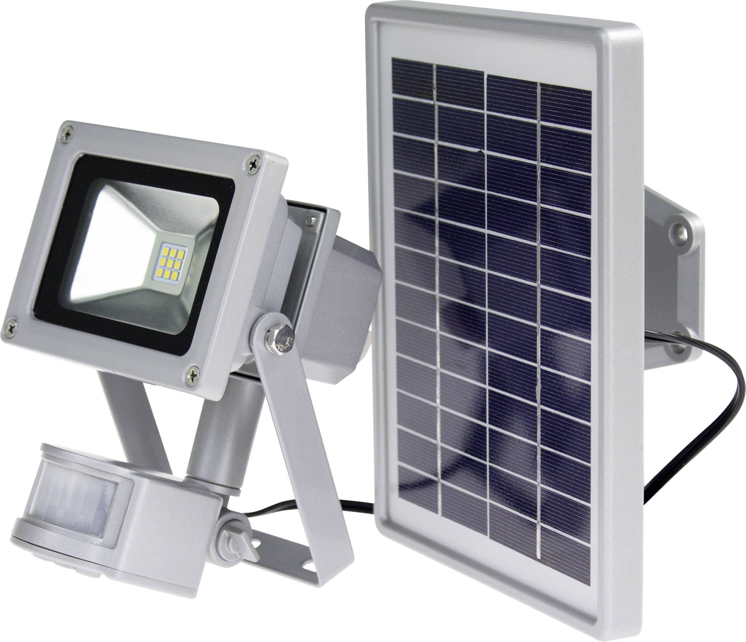 Solar-powered LED floodlight with motion sensor and solar panel, suitable for outdoor lighting and energy-efficient illumination.