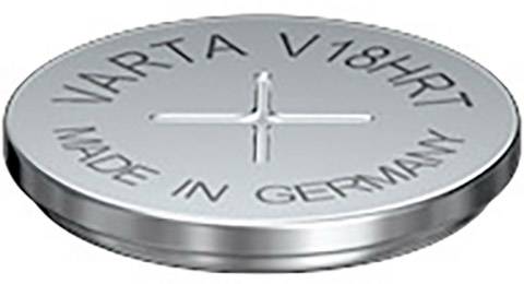 Round, silver button cell with the inscription 'VARTA V18HRT MADE IN GERMANY'.