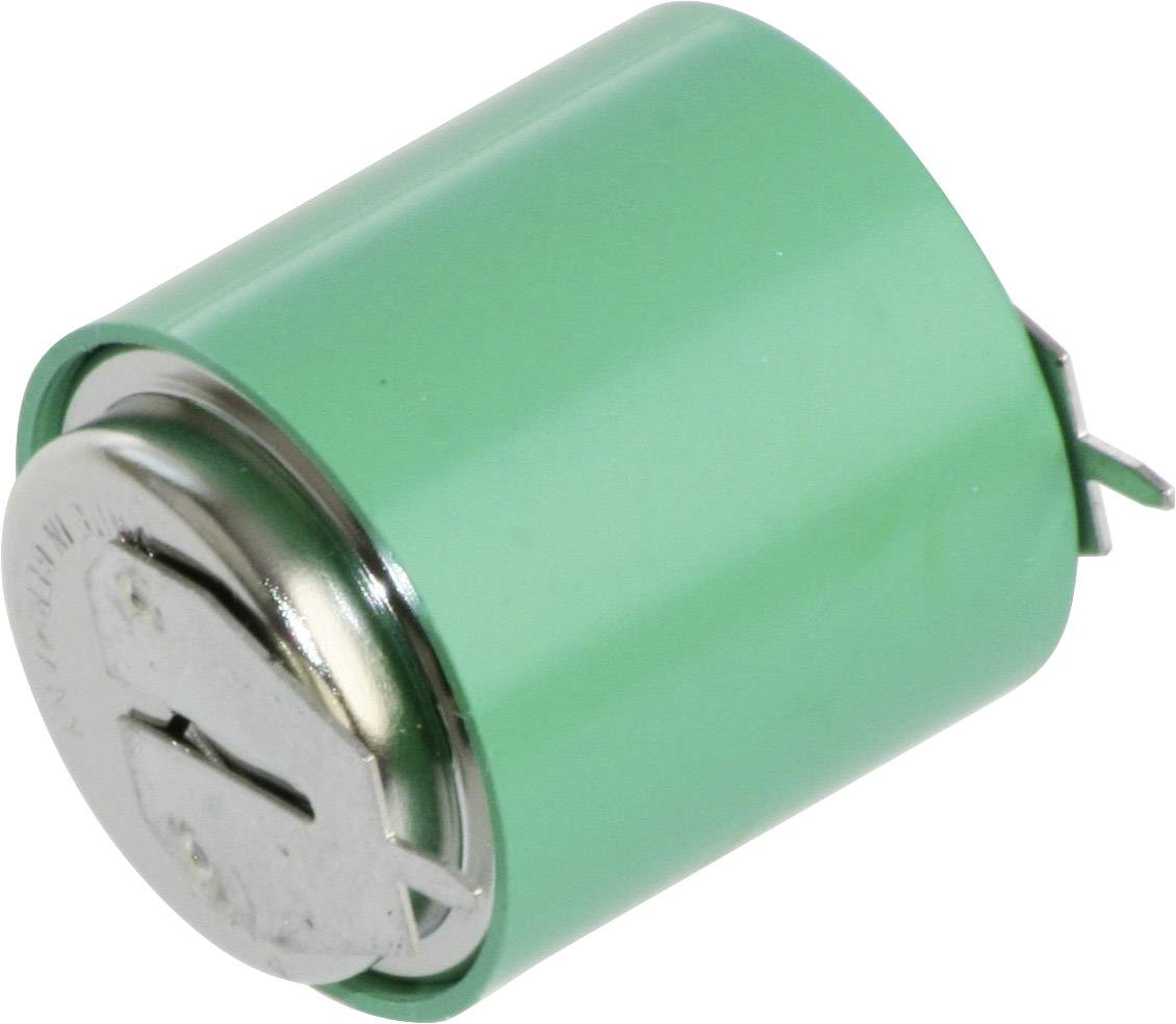A green cylindrical battery with two metal terminals on one side, against a white background.