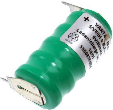 Green, cylindrical battery with metal terminals. Printed: '5/V80H 6V'.