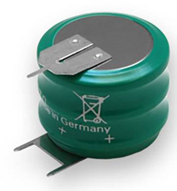 Green cylindrical capacitor with metal contacts on top and bottom. Inscription 'Made in Germany'.