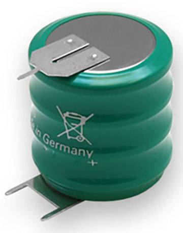 Green capacitor with two metal terminals and inscription 'Made in Germany', showing polarity with plus and minus signs.