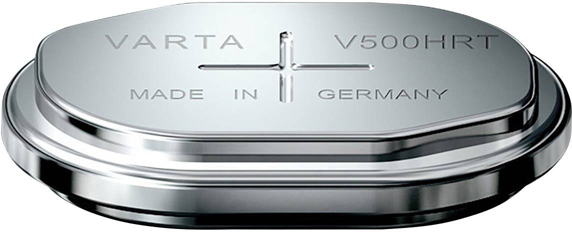 Silver button cell battery with engraving 'VARTA V500HRT' and 'MADE IN GERMANY' on the top surface.