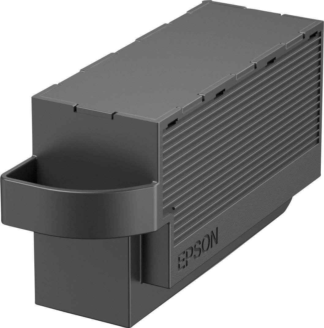 A dark ink waste container by Epson, used in printers to store excess ink.