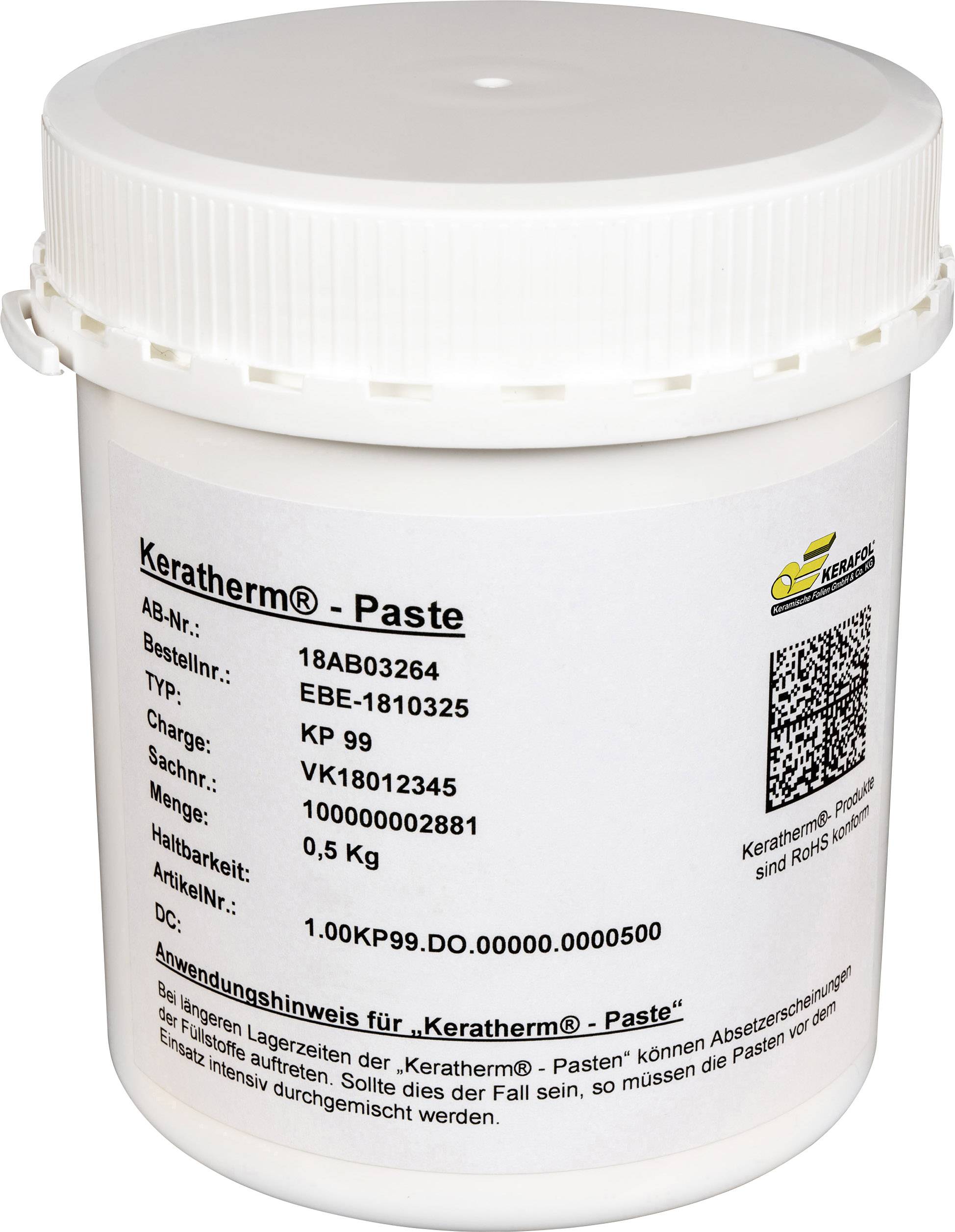 White bucket with label 'Keratherm® - Paste', QR code, product numbers. Primarily for industrial application.