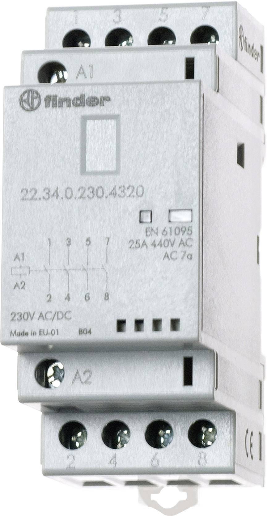 A grey relay module for DIN rail mounting with multiple screw terminals, brand logo, and technical specifications on the front.