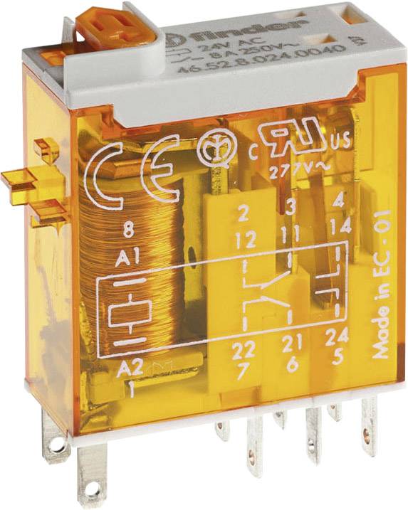 An orange relay with electrical symbols and connections. Markings indicate voltage and current.