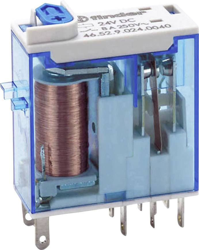 A blue, transparent relay with a copper coil and multiple connection pins. The label shows technical specifications, such as '24V DC'.