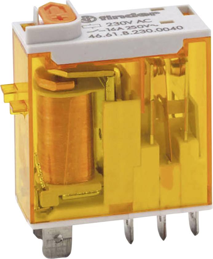 An orange electromagnetic relay with 230V AC, 16A, with the coil and terminals visible underneath.