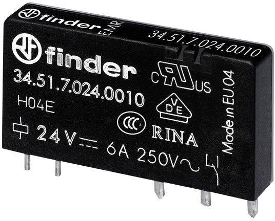 Electrical relay labelled 'Finder 34.51.7.024.0010', specified as 24V, 6A, 250V~, CE marked.