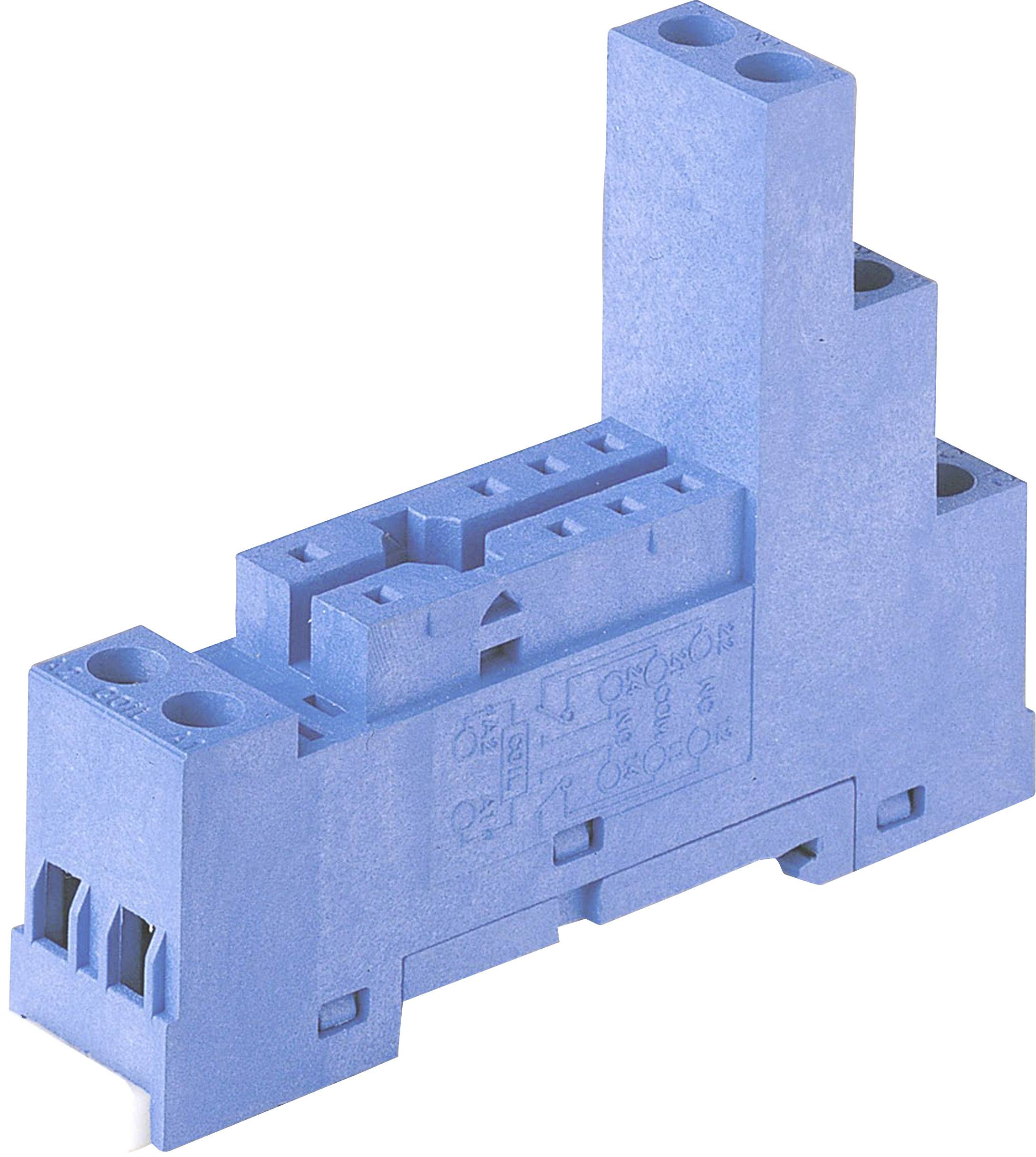 A blue plastic terminal block with multiple connections and side markings, used for electrical connections.