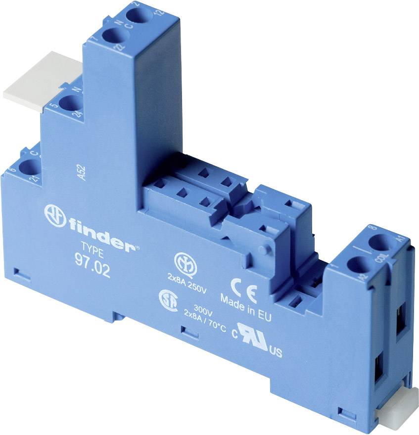 Blue Relay Base 'Finder Type 97.02', marked with technical specifications such as '2x8A 250V' and 'Made in EU', for electrical applications.