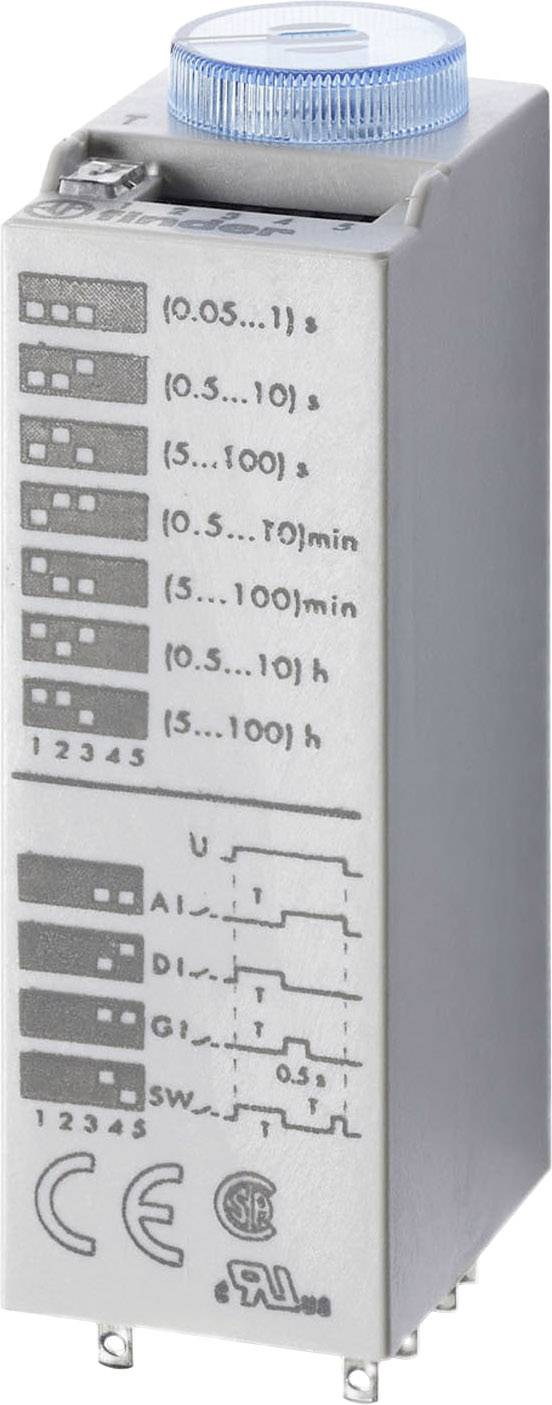 An electronic time relay with a blue setting knob and a scale for time intervals ranging from seconds to hours. Markings for various settings.
