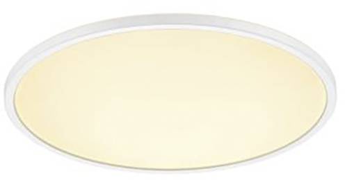 Round ceiling light with white border and warm yellow light.