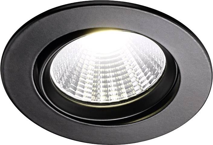 Round, black recessed spotlight with bright LED light, suitable for modern interior lighting, showcasing refined design.